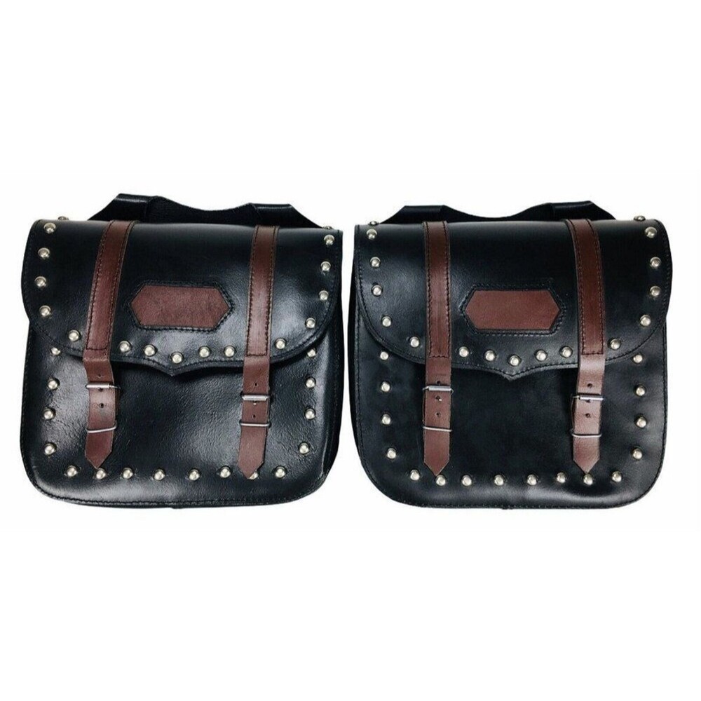 Vintage Western Black Studded Leather Throw Over Motorcycle Saddle Bags NEW